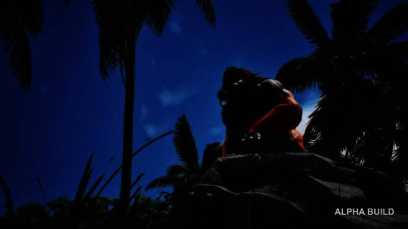 玩家团队在火山口附近搭建基地，远处可见漂浮的异常能量现象