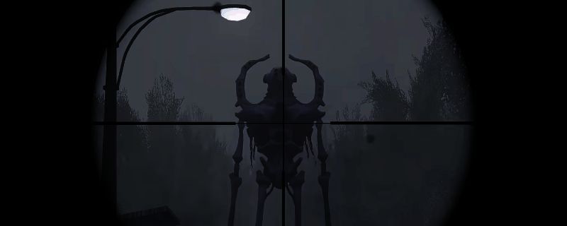 《非生物因素》中作曲家在街道上巡逻的场景，背景为破败城市，怪物身形高大，散发蓝光，极具压迫感