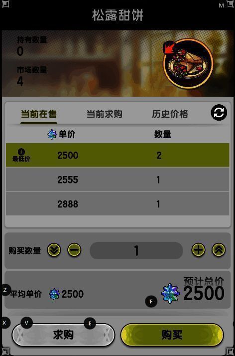 一张游戏内聊天记录截图，显示玩家抱怨‘松露甜饼’2500没人买，配文‘成本价都卖不动’