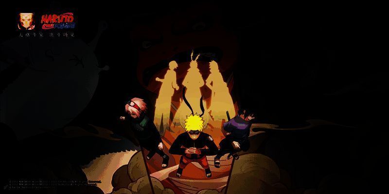 《火影忍者手游》展区实景图，舞台中央展示角色模型，周围玩家正在参与对战