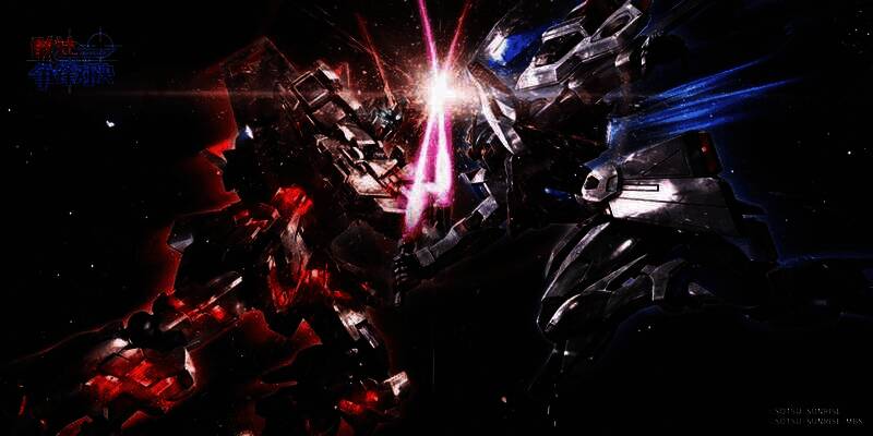 《敢达争锋对决》对战区，两名玩家正在激烈对决，屏幕显示高达机体激烈交火