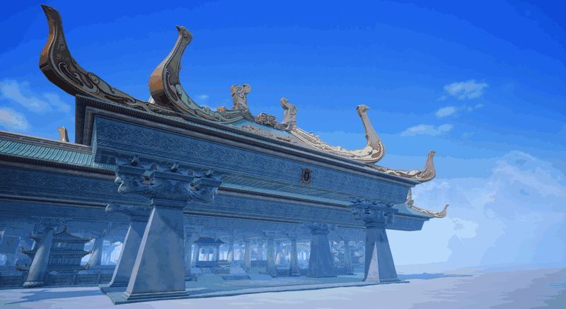 四位联动角色皮肤展示图，哪吒与敖丙并肩而立，身后是玉虚宫背景，整体画面充满国风奇幻氛围