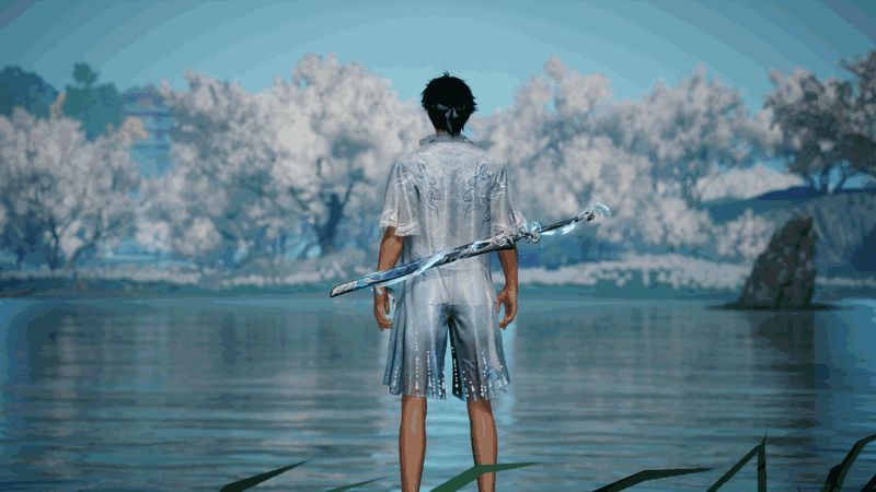 「引沧浪」轻剑挥舞瞬间，剑刃拖曳出半透明水痕特效，角色动作轻盈，背景为碧海蓝天