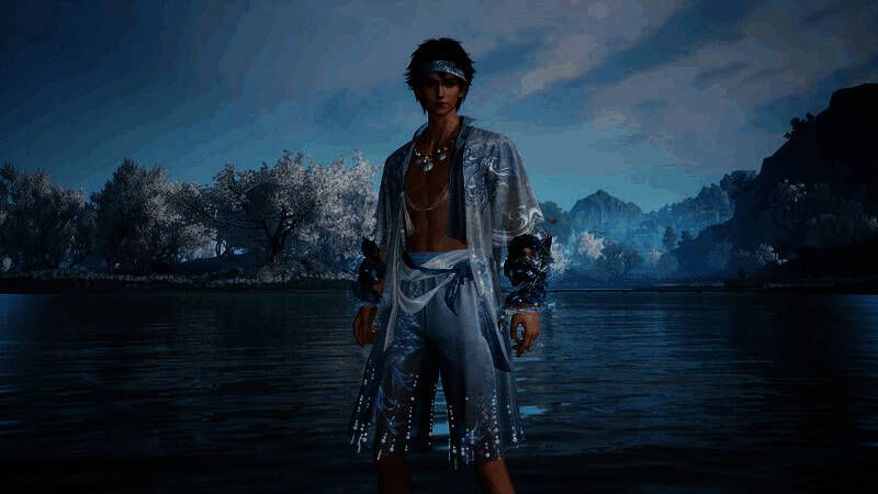 「引沧浪」护手特写，金属部分雕刻成浪花形状，外圈环绕流动水环特效，光影细腻