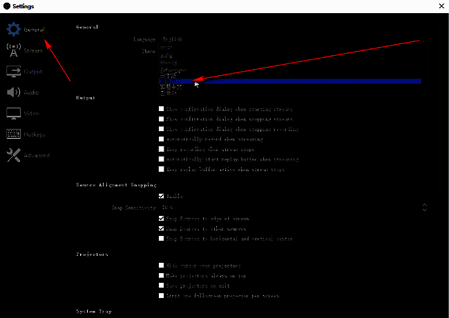 OBS Studio设置页面，右侧Language选项已展开，简体中文处于可选状态