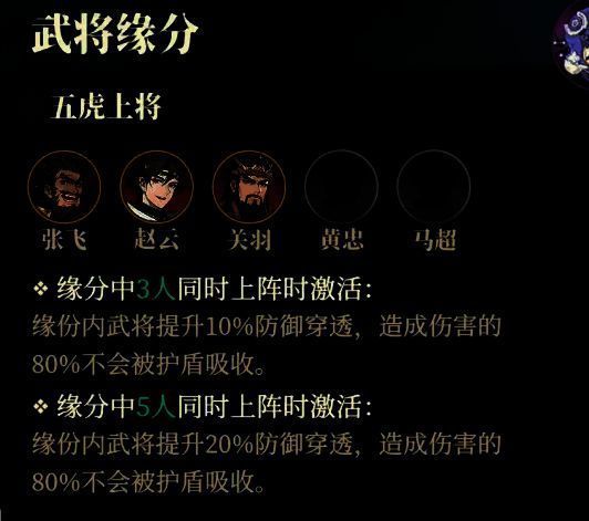 五虎上将缘分激活界面，展示三人与五人效果对比