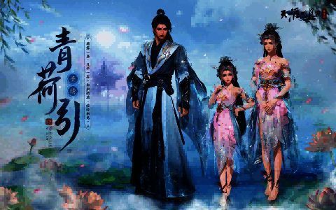 圣绣·青荷引外观展示，男女角色身着粉青色荷主题服饰，立于荷塘月色之中，周围莲花盛开，光影柔和