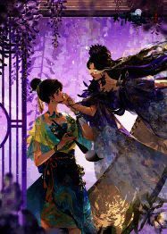 圣绣·绘江山外观展示，角色身穿青绿山水纹长袍，衣摆绘有层叠山峦与云雾，意境悠远