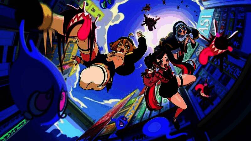 《萌萌夹击》官方宣传图，展示动画风格美腿战士与灵魂敌人对峙的紧张场景