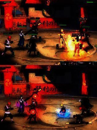 竞技场对战界面截图，双方忍者列阵，技能特效交错