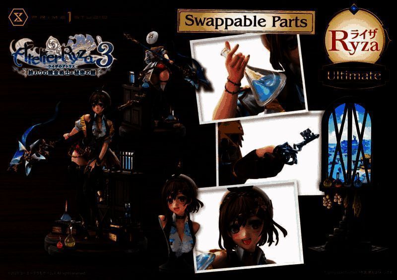 莱莎1/4比例手办正面展示，身穿标志性短裙炼金术士服装，姿态活泼，背景为炼金工房场景