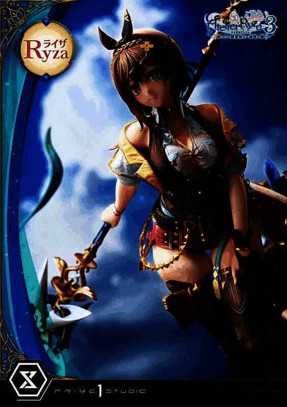 手办侧面特写，展现莱莎腿部线条与裙摆细节，背景为炼金瓶与书本装饰