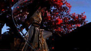 【万象】门派角色背影图，身披墨色长袍，手持画卷立于山巅，气势恢宏