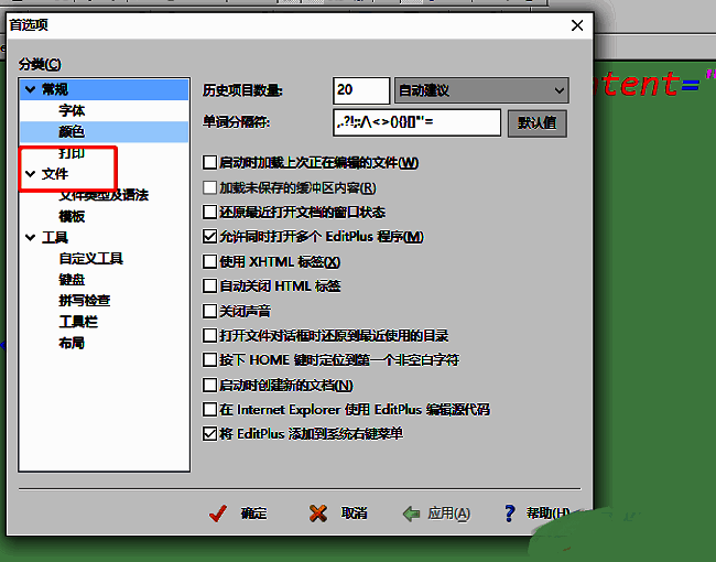 EditPlus首选项窗口左侧选择文件设置项