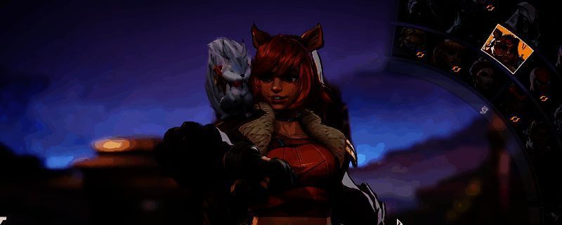 《漫威争锋》中松鼠女角色立绘，身穿红色战斗服，手持双刃，眼神锐利，背景充满科技感战斗场景