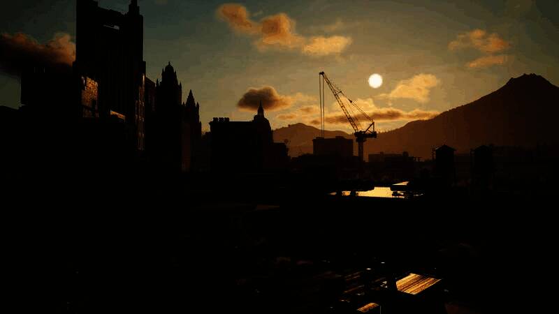 空中视角俯瞰整个Emberville城市布局，彩色线条标注出正在运行的公交网络覆盖范围