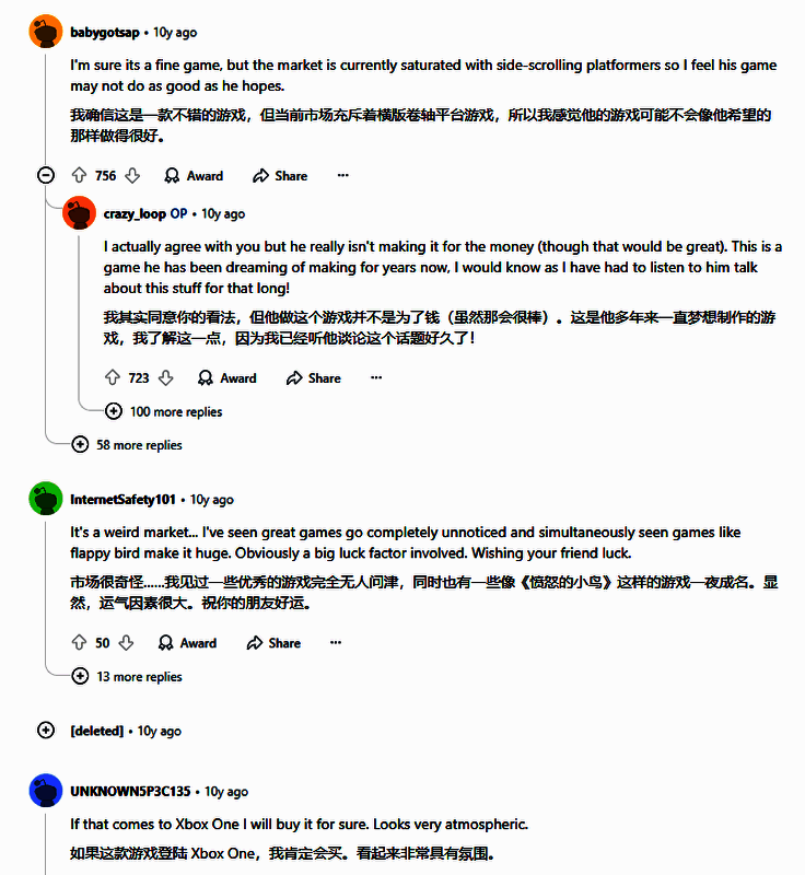Reddit论坛历史帖截图，显示早期玩家对《空洞骑士》预告的负面评论，如‘市场饱和’‘缺乏个性’等