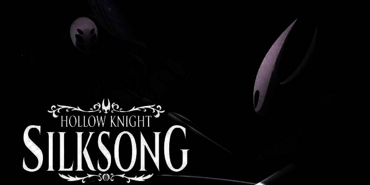 《空洞骑士：丝之歌》最新宣传图，主角小骑士在金色丝线环绕的空中场景中飞跃，背景充满神秘生物与建筑