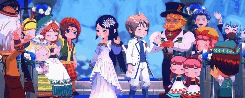 《牧场物语 来吧！风之繁华集市》中玩家手持蓝色羽毛，准备向恋人求婚的游戏画面，背景为温馨的小镇街道