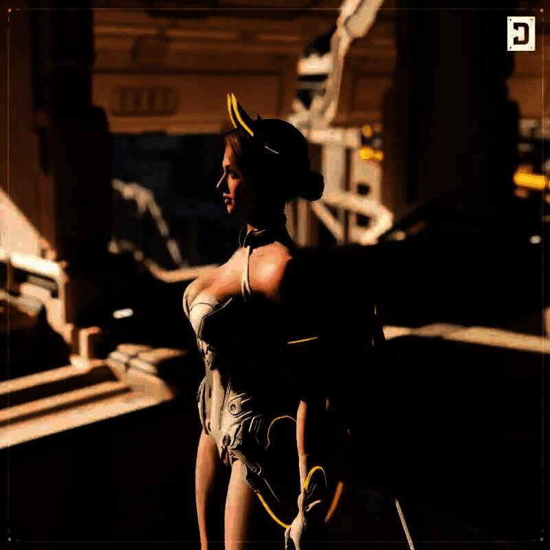 联动皮肤概念图，塞琳娜身着类似2B风格的黑色哥特长裙，手持机械巨剑