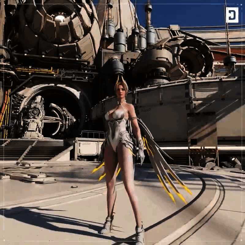 塞琳娜侧身特写，光翼缓缓扇动，背景为黄昏下的神殿遗迹