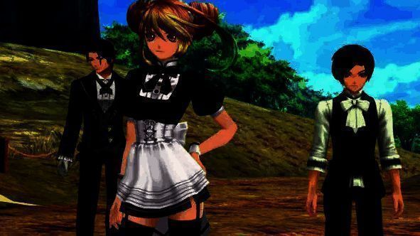 六位主角在悬崖边眺望远方的合影，背景是绚丽的晚霞与山脉，氛围感十足