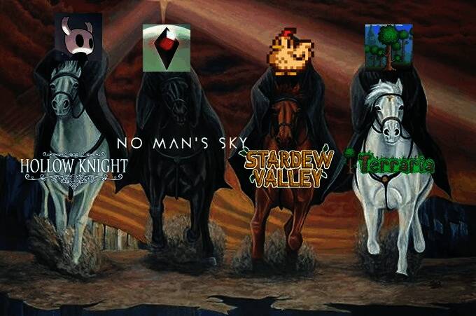 ‘免费更新四骑士’梗图，四款游戏代表角色并列而立，背景为末日骑士风格的艺术设计，充满戏谑与敬意