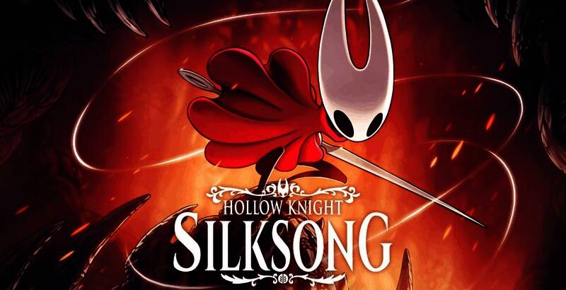 《空洞骑士：丝之歌》游戏封面与角色战斗场景，主角挥舞骨钉与巨型丝线怪物激烈对抗，画面充满暗黑奇幻风格