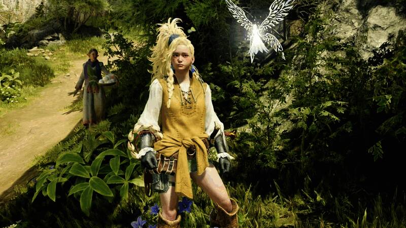 《怪物猎人：荒野》游戏场景，猎人站在营地帐篷前准备出征，背景为荒野生态群落