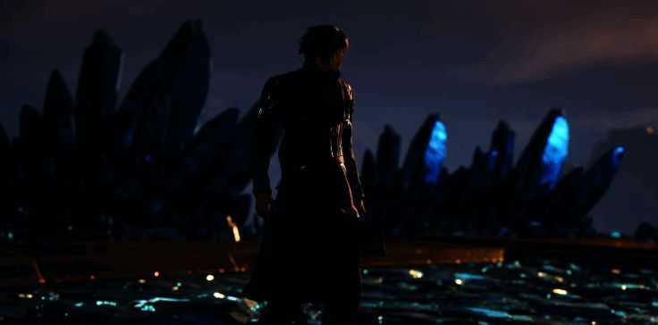 玩家角色在空中飞跃巨大裂谷，背景为崩塌的城市遗迹，光影效果营造出紧张氛围