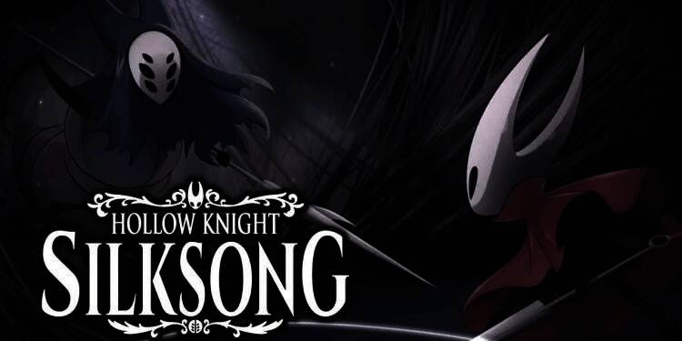 《空洞骑士：丝之歌》游戏发售宣传图，主角小骑士手持骨钉站立于光影交错的洞穴之中，背景充满神秘丝线与发光孢子