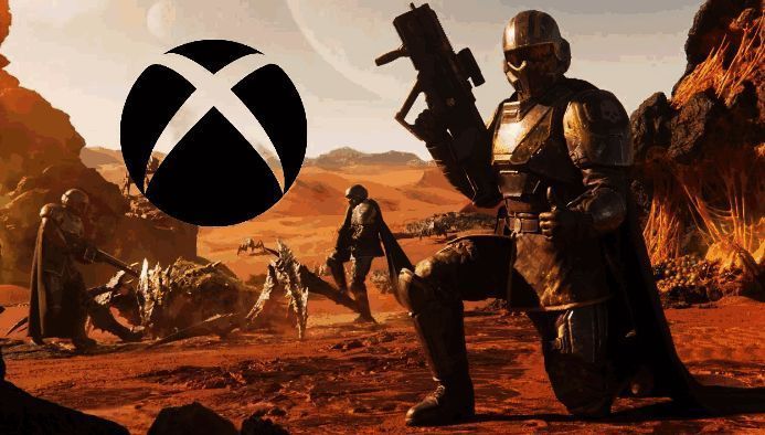 《绝地潜兵2》游戏封面，主角身穿未来风格军装，手持重型武器，背景为爆炸与外星敌人交织的战场