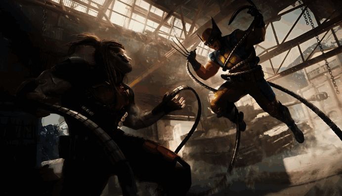 漫威《金刚狼》游戏概念图，画面中金刚狼站立于城市废墟之上， claws extended, 背景为雷雨交加的夜空