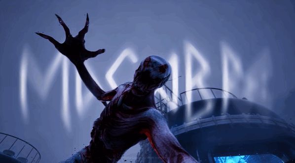 《Macabre》游戏主视觉图，昏暗走廊中一名角色手持手电筒前行，背后阴影中隐约可见畸形怪物轮廓