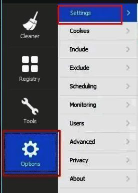 CCleaner软件左侧选项菜单与右侧设置按钮界面展示