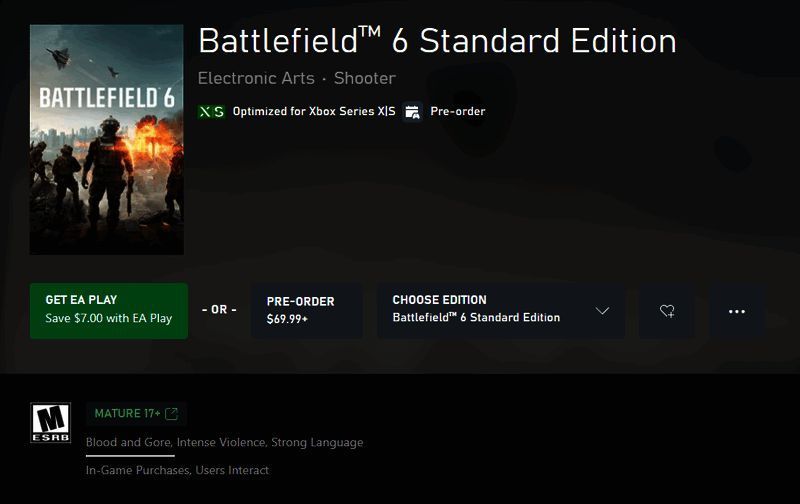《战地6》ESRB官方评级页面截图，清晰标注‘血腥暴力、激烈战斗、强烈语言’及M级（17+）年龄限制