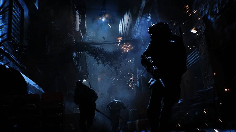 《战地6》多人对战实机画面，士兵在废墟城市中交火，爆炸烟尘弥漫，战场氛围紧张激烈