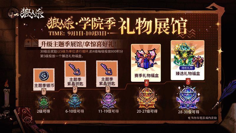 礼物展馆界面截图，展示多个奖品格位，紫晶钥匙与福盒图标闪烁发光