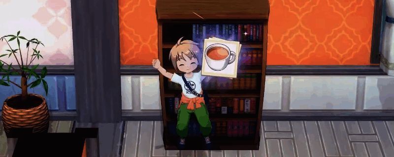 玩家角色站在村民家中，正翻阅书架上的古老食谱书籍，书页上绘有蛋糕与汤品图案