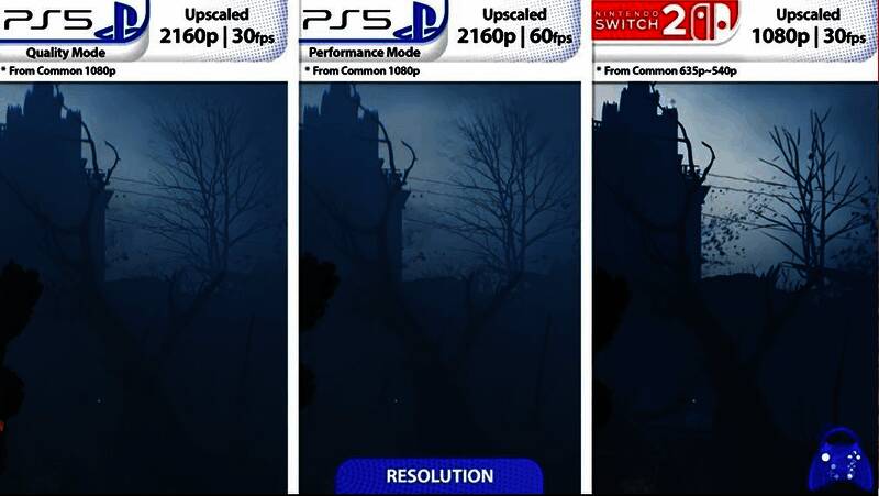 《时间旅者：重生曙光》PS5与Switch 2版本画面对比图，左侧画面光影细腻，右侧则显得昏暗扁平