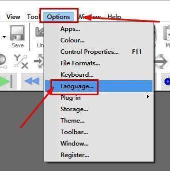 GoldWave软件顶部菜单栏展示，Options选项下拉后选择Language进入语言设置