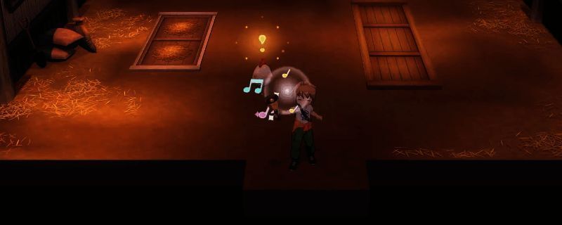 玩家在农舍内使用铃铛召唤动物的场景，画面温馨，展现游戏卡通风格的乡村生活氛围