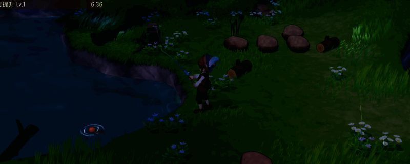 《牧场物语 来吧！风之繁华集市》中玩家正在进行钓鱼操作，水面泛起涟漪，钓竿顶端出现感叹号提示