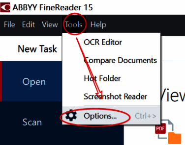 ABBYY FineReader菜单栏中Tools和Options选项的界面截图