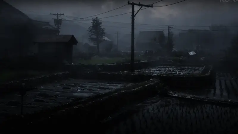 主角手持手电筒行走在浓雾笼罩的林间小道，地面泥泞，树枝扭曲如鬼爪，气氛极度压抑