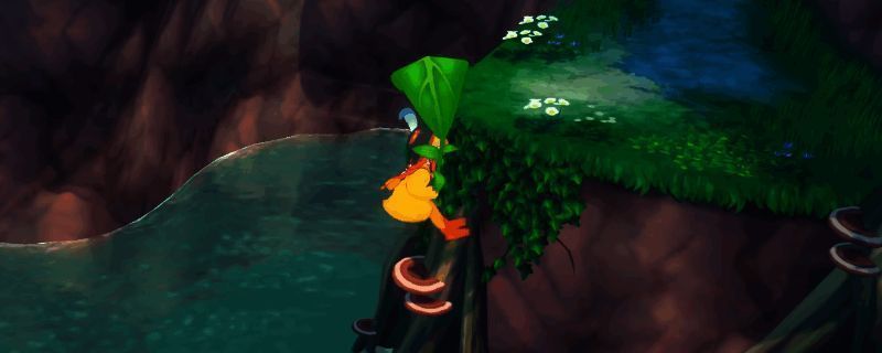 玩家角色在微风天气中尝试跳跃接近树干的瞬间画面，背景为乡村田园风光