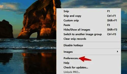 Snipaste首选项设置入口，英文界面下的Preferences选项被选中