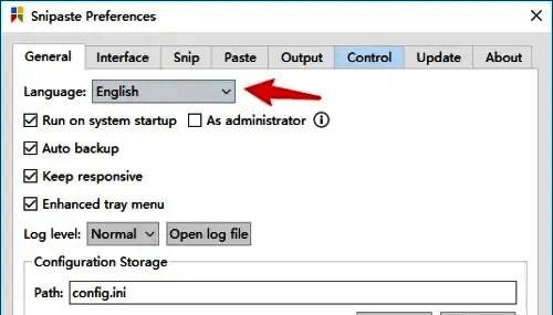 Snipaste语言设置页面，Language选项下拉菜单中包含简体中文