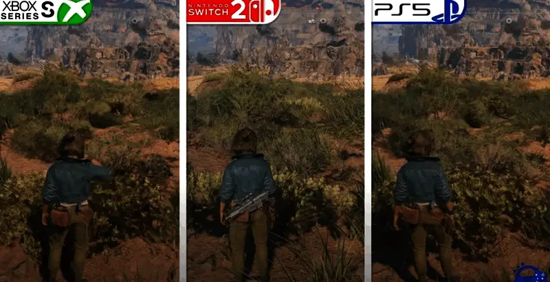 主角凯·维斯在异星荒原中探索的画面，远处有巨型机械结构与风暴云层