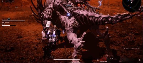 玩家操控机甲在BOSS身边高速闪避并发动近战连击的战斗画面，技能特效绚丽，动作流畅